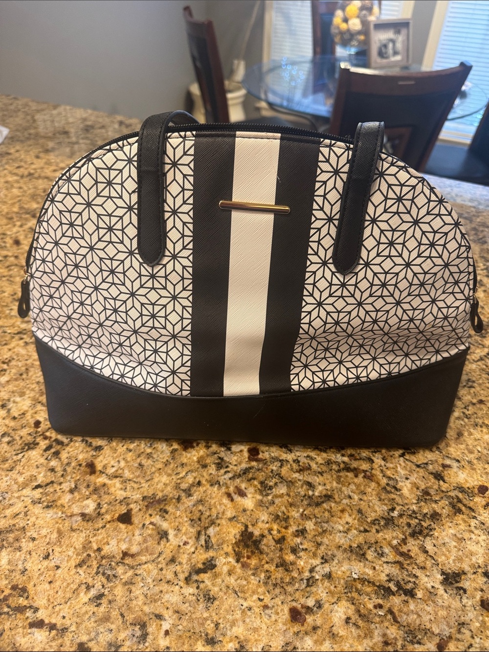 Monochrome Geometric Dome Tote - Black and White Stripe